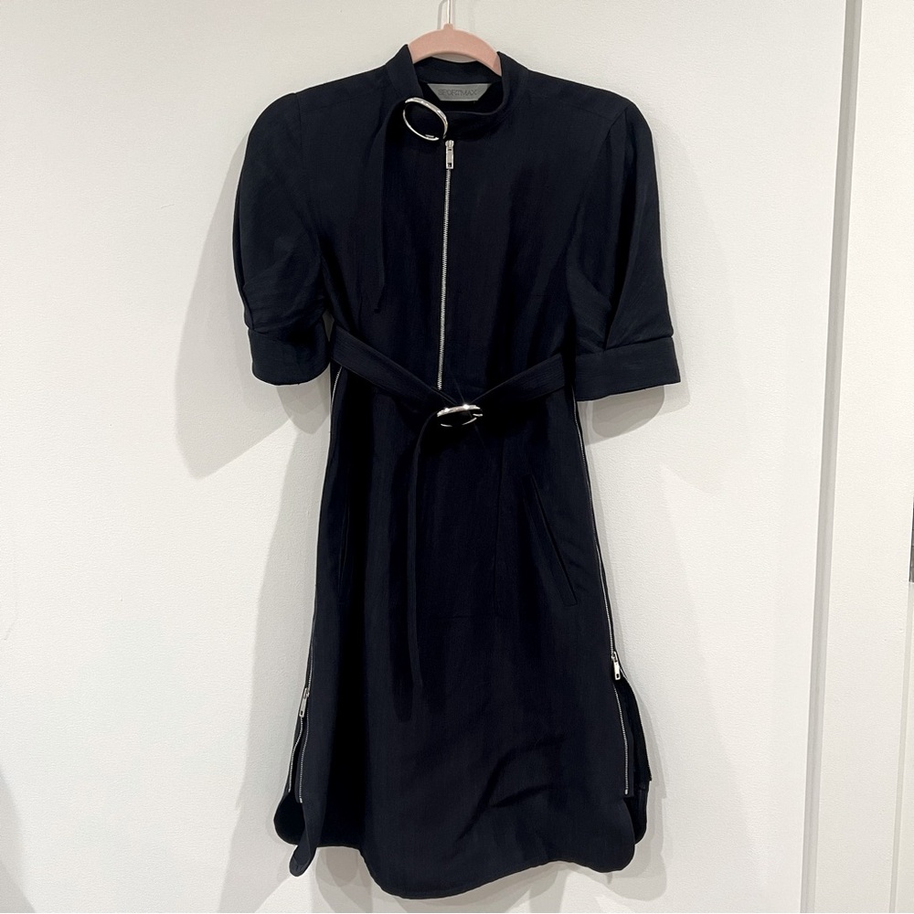 Sportmax navy midi work dress, wide shoulder with zipper details and belt